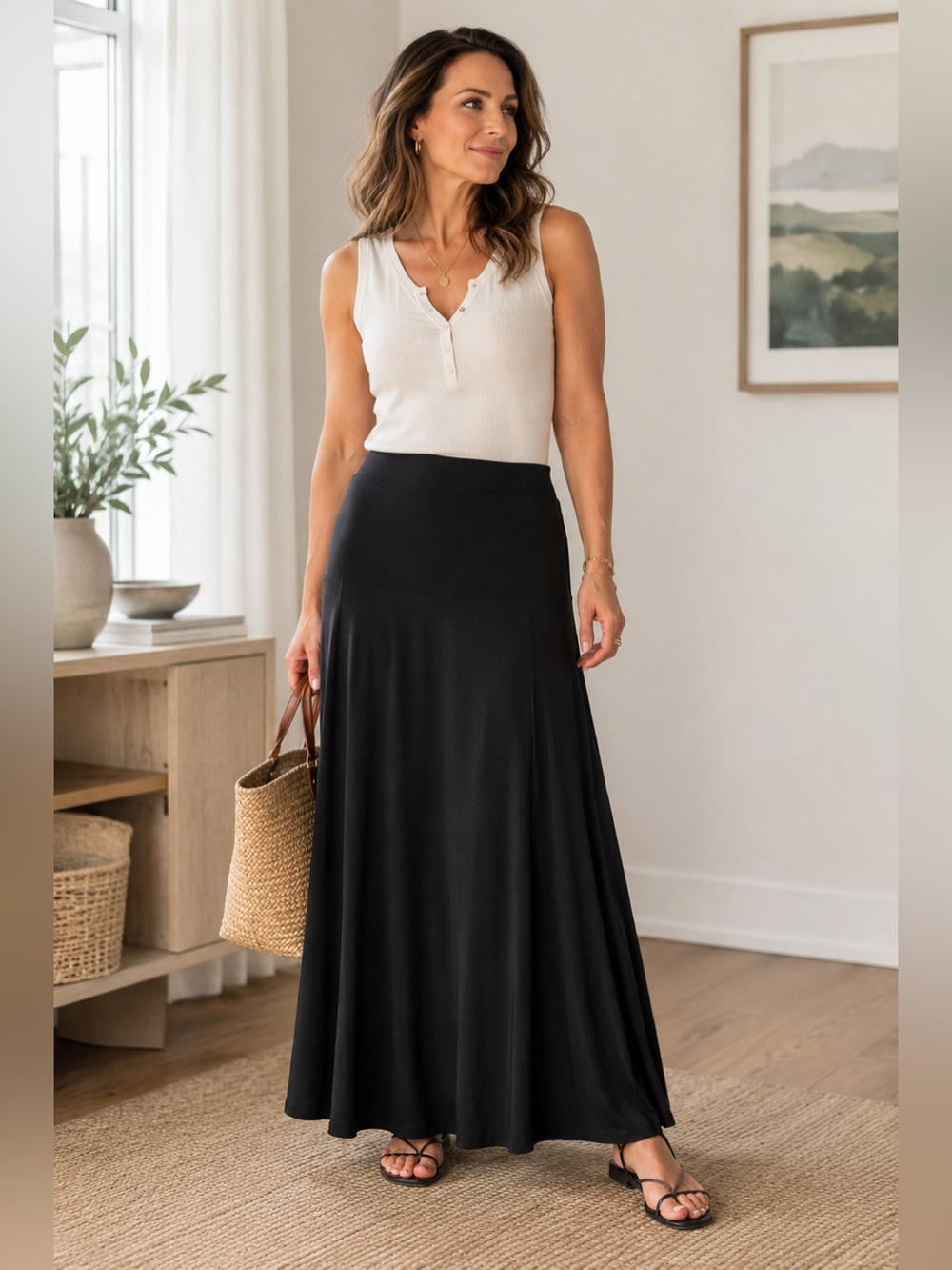Vintage Black Maxi Skirt Flowy Minimalist Elastic Waist One Size